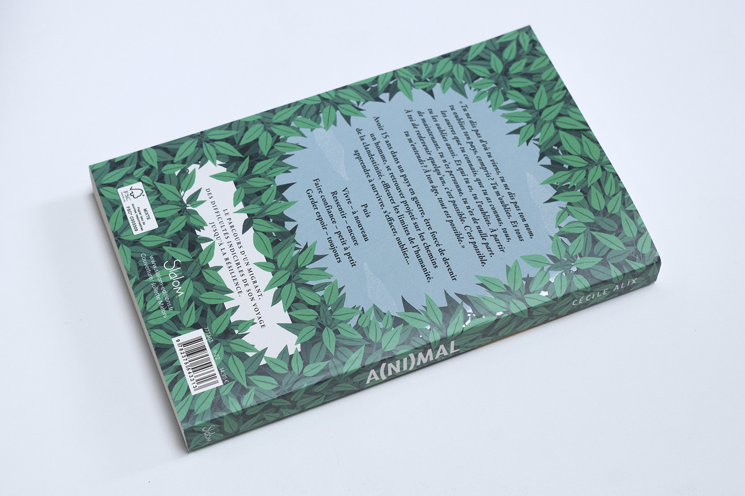 Quatrième de couverture, illustration et conception graphique par Juliette Maroni pour la couverture du roman ado A(ni)mal écrit par Cécile Alix aux éditions Slalom.