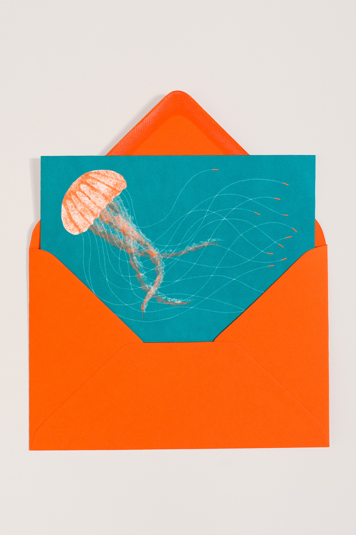 Carte représentant une méduse, illustrée par Juliette Maroni pour un lot de six cartes printanières aux éditions du Trainailleur
