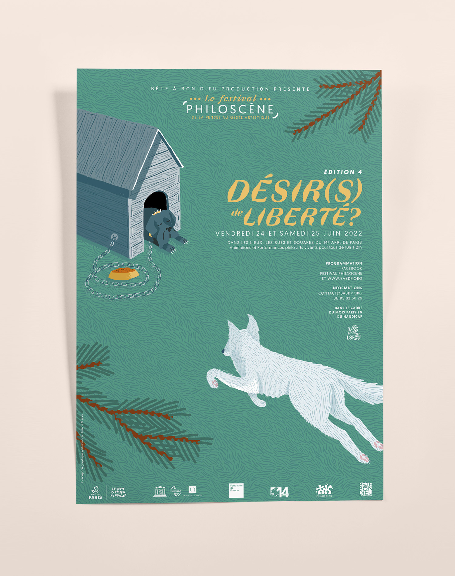 Affiche, illustration et conception graphique par Juliette Maroni de l'Affiche du festival Philoscène 2022 sur le thème Désirs de liberté ?